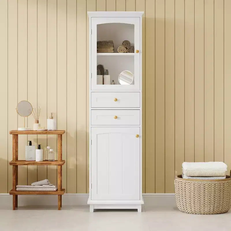 Meuble de Rangement Haut de Salle de Bain de 160 cm avec Portes en Verre, Deux Tiroirs et Étagères Réglables