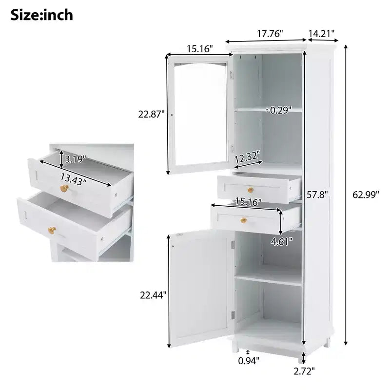 Meuble de Rangement Haut de Salle de Bain de 160 cm avec Portes en Verre, Deux Tiroirs et Étagères Réglables