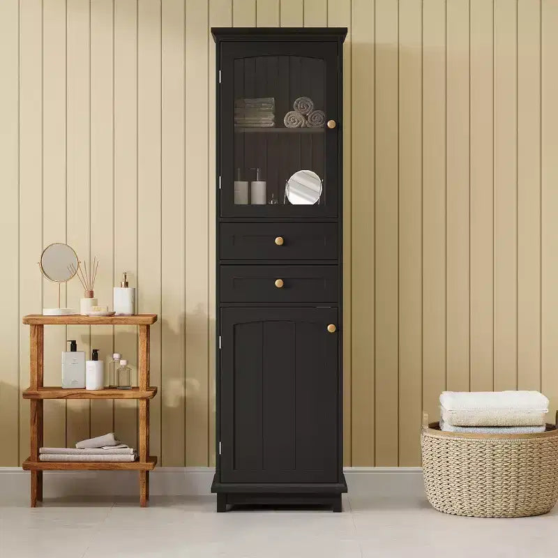 Meuble de Rangement Haut de Salle de Bain de 160 cm avec Portes en Verre, Deux Tiroirs et Étagères Réglables