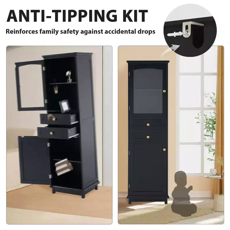 Meuble de Rangement Haut de Salle de Bain de 160 cm avec Portes en Verre, Deux Tiroirs et Étagères Réglables