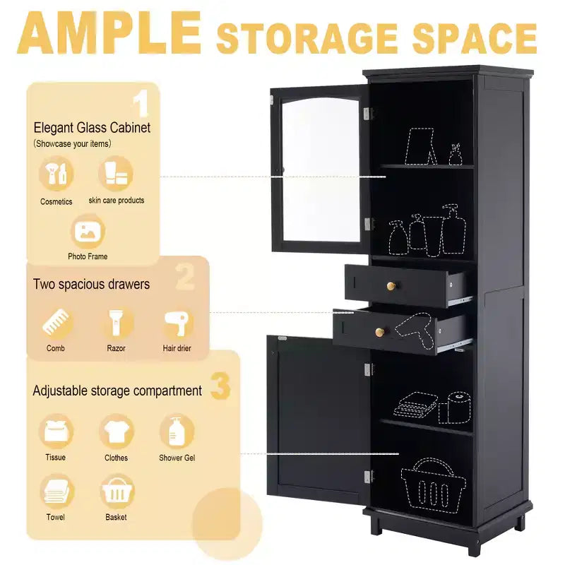 Meuble de Rangement Haut de Salle de Bain de 160 cm avec Portes en Verre, Deux Tiroirs et Étagères Réglables