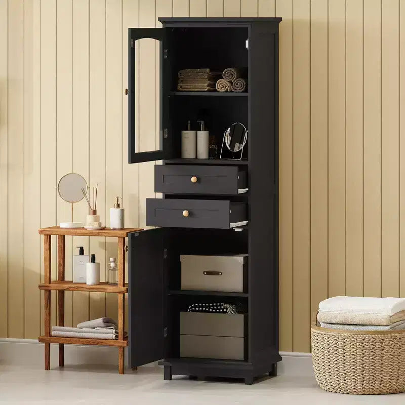 Whisen 63 in. Tall Bathroom Storage Cabinet with Glass Doors, Two Drawers and Adjustable Shelves