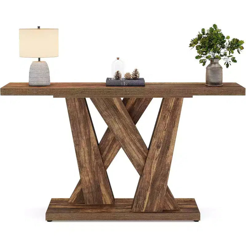 Lantine 55.12-Inch Farmhouse Console Table, Modern Behind The Couch Table with Geometric Base, Narrow Sofa Table Wood Long Entryway Table
