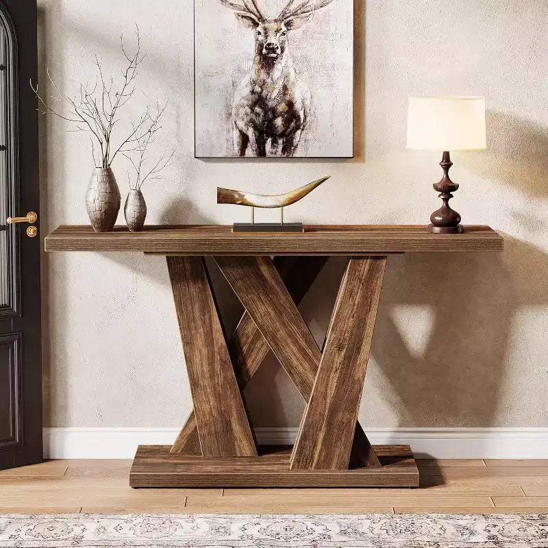 Console de ferme de 55,12 pouces, Table moderne derrière le canapé avec base géométrique, Table d'appoint étroite en bois pour entrée