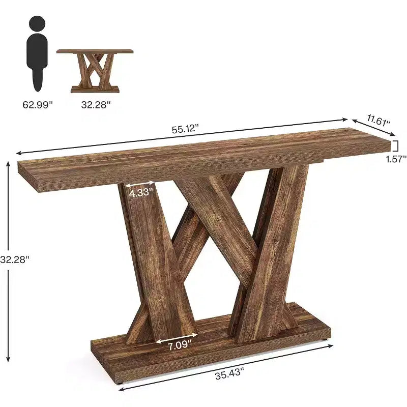 Console de ferme de 55,12 pouces, Table moderne derrière le canapé avec base géométrique, Table d'appoint étroite en bois pour entrée