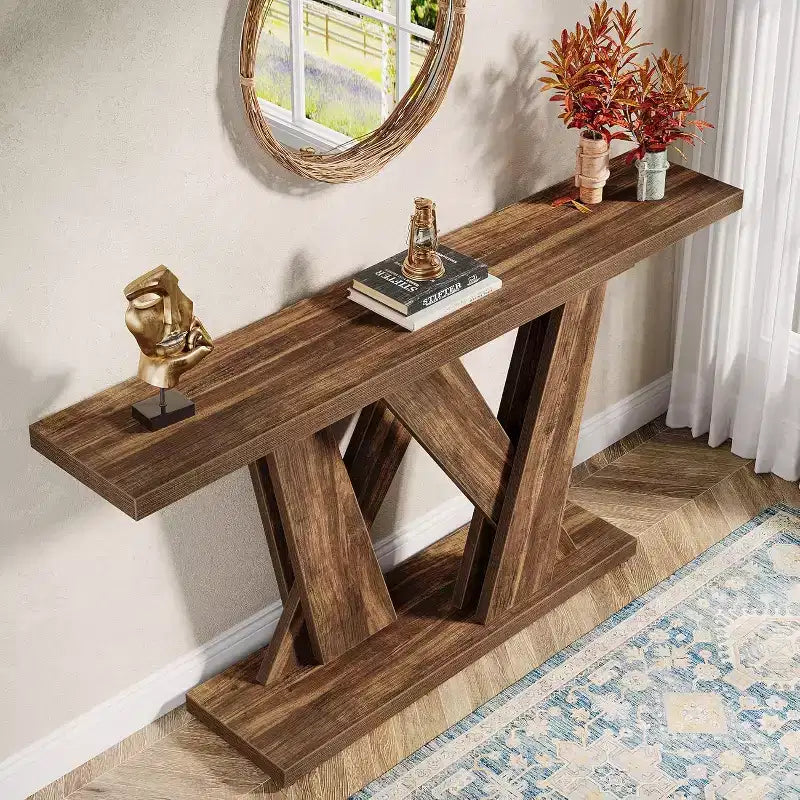 Console de ferme de 55,12 pouces, Table moderne derrière le canapé avec base géométrique, Table d'appoint étroite en bois pour entrée