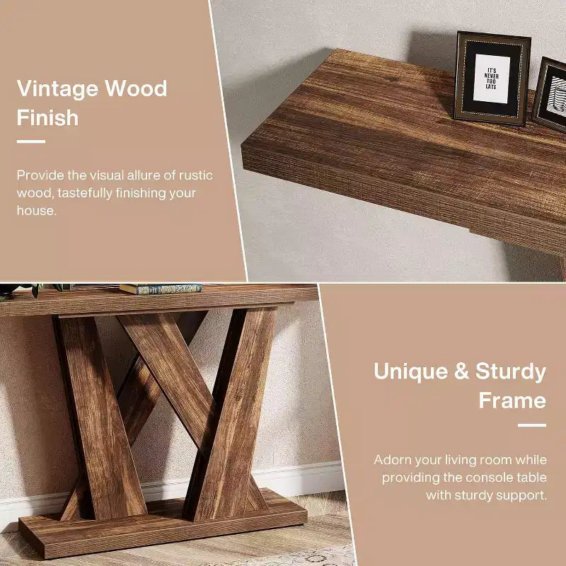 Console de ferme de 55,12 pouces, Table moderne derrière le canapé avec base géométrique, Table d'appoint étroite en bois pour entrée