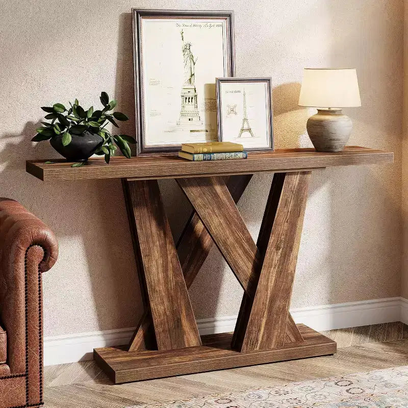 Console de ferme de 55,12 pouces, Table moderne derrière le canapé avec base géométrique, Table d'appoint étroite en bois pour entrée