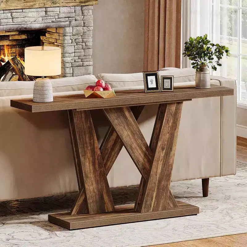 Console de ferme de 55,12 pouces, Table moderne derrière le canapé avec base géométrique, Table d'appoint étroite en bois pour entrée