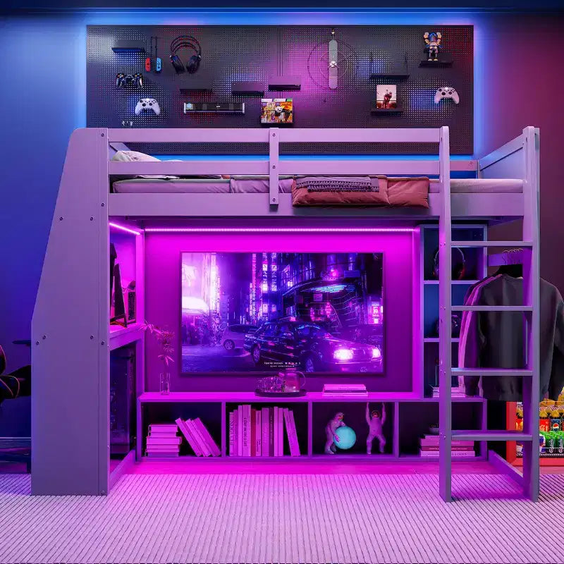 Whisen Wood Twin Size Gaming Loft Bed with Desk, Multi-storage Shelves, LED and a Hanging Clothes Rack