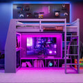 Whisen Wood Twin Size Gaming Loft Bed with Desk, Multi-storage Shelves, LED and a Hanging Clothes Rack