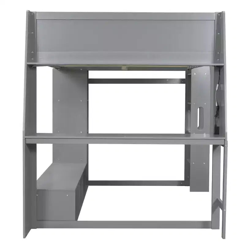 Lit mezzanine gaming double en bois avec bureau, étagères de rangement multiples, LED et une tringle à vêtements
