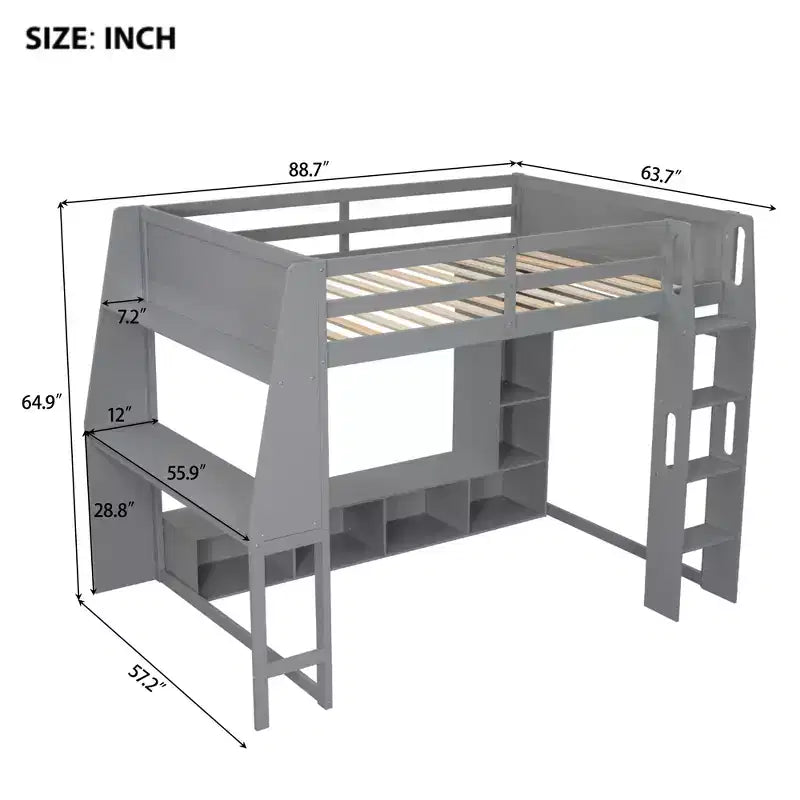 Lit mezzanine gaming double en bois avec bureau, étagères de rangement multiples, LED et une tringle à vêtements