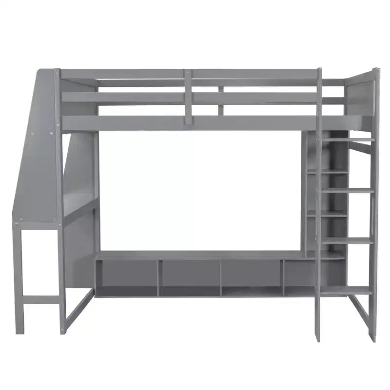 Lit mezzanine gaming double en bois avec bureau, étagères de rangement multiples, LED et une tringle à vêtements