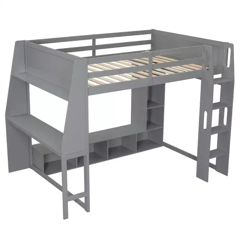 Lit mezzanine gaming double en bois avec bureau, étagères de rangement multiples, LED et une tringle à vêtements