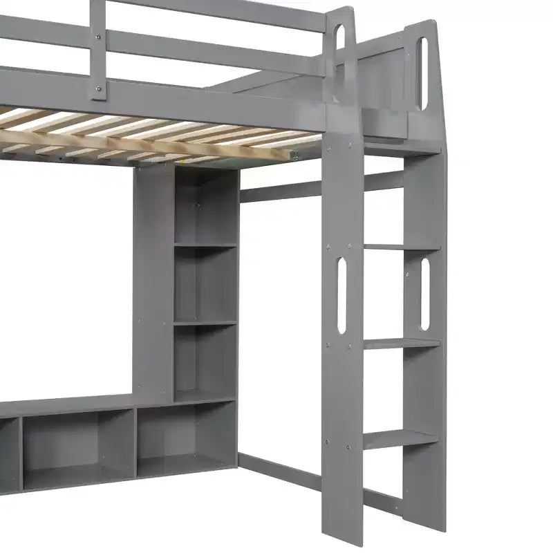 Lit mezzanine gaming double en bois avec bureau, étagères de rangement multiples, LED et une tringle à vêtements