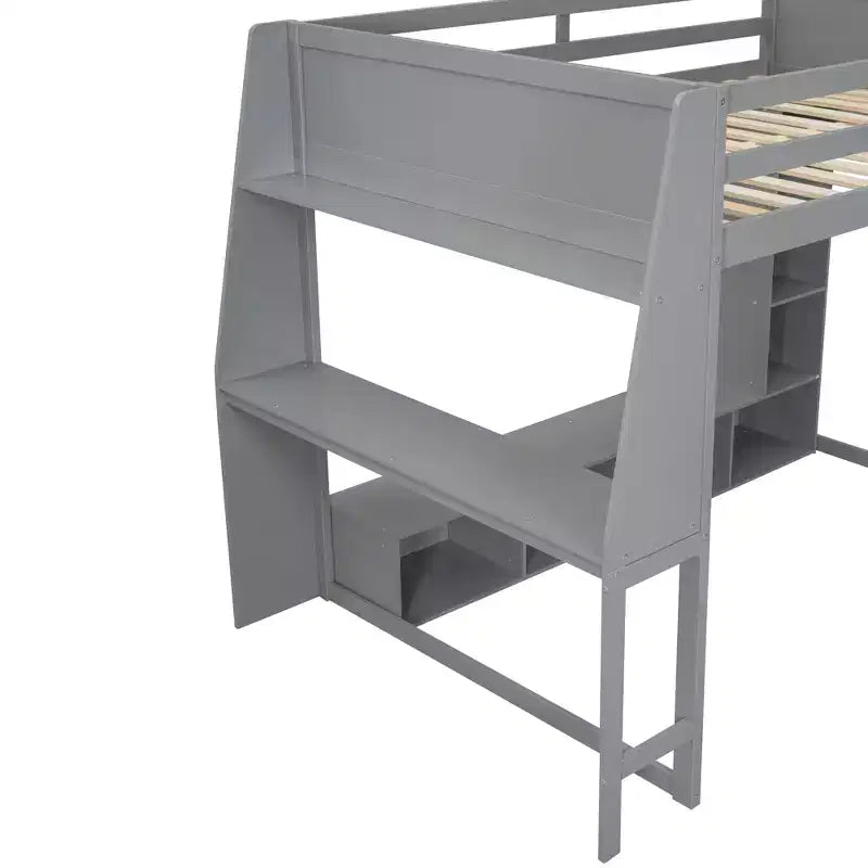 Lit mezzanine gaming double en bois avec bureau, étagères de rangement multiples, LED et une tringle à vêtements