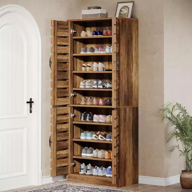 Meuble à chaussures vertical de 180 cm de haut avec portes à persiennes, 9 niveaux, 27 paires