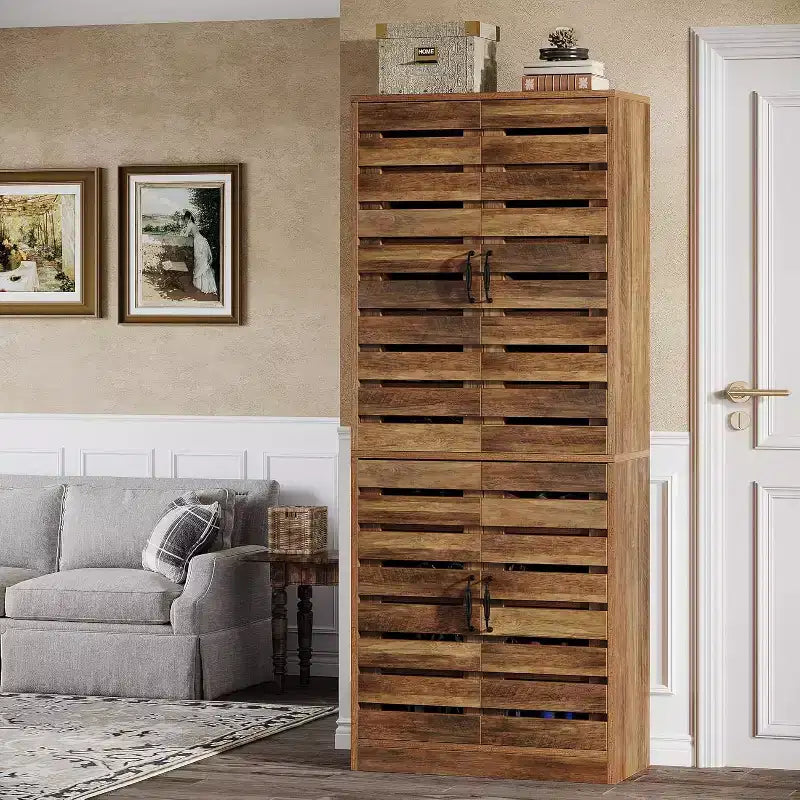 Meuble à chaussures vertical de 180 cm de haut avec portes à persiennes, 9 niveaux, 27 paires