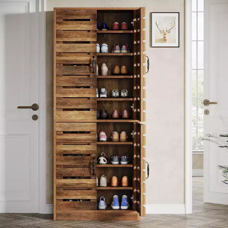 Meuble à chaussures vertical de 180 cm de haut avec portes à persiennes, 9 niveaux, 27 paires