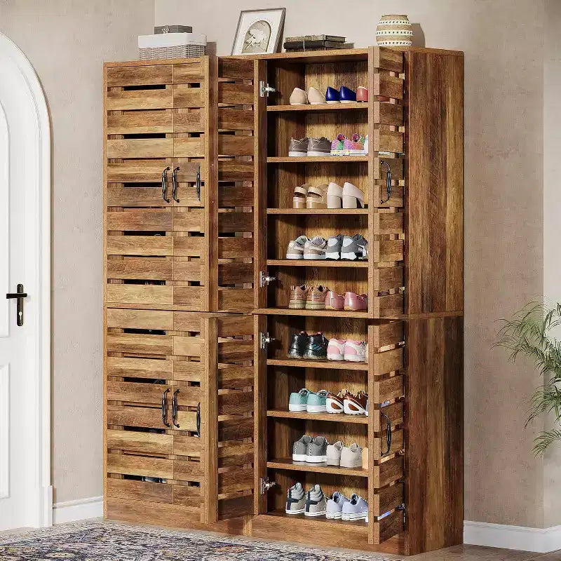 Meuble à chaussures vertical de 180 cm de haut avec portes à persiennes, 9 niveaux, 27 paires