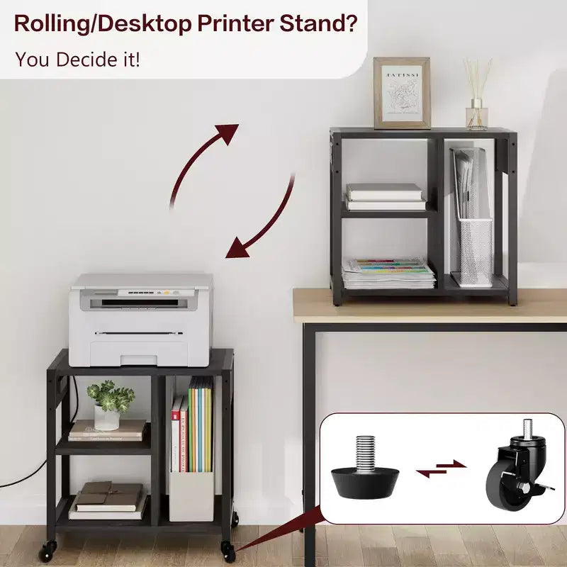 Support d'imprimante sous bureau, support d'imprimante mobile à 4 niveaux avec roulettes pour bureau à domicile, table d'imprimante de bureau avec étagère de rangement