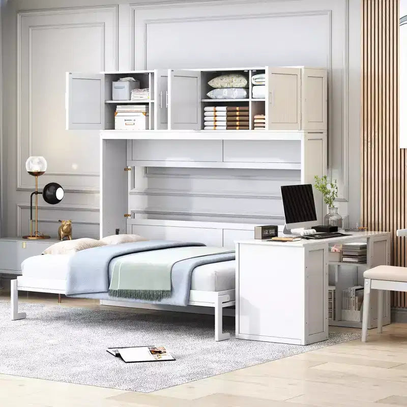 Whisen Morden Design Queen Size Murphy Bed, Folded into a Cabinet with Desk and Storage Shelves