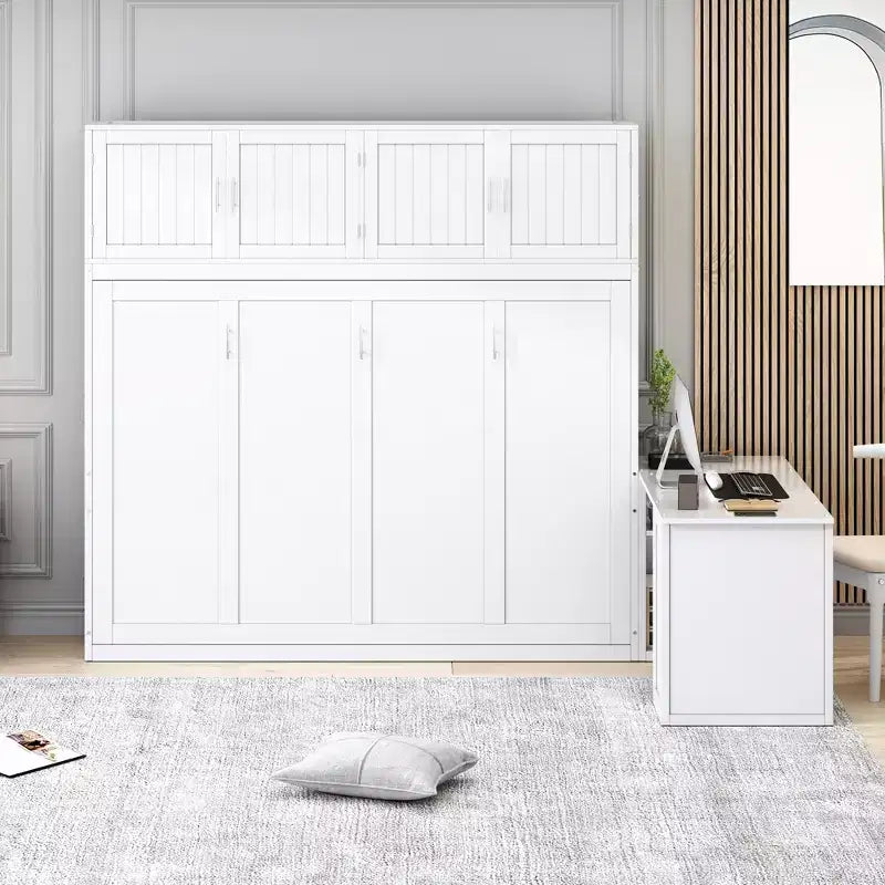 Lit escamotable Queen moderne, repliable dans une armoire avec bureau et étagères de rangement