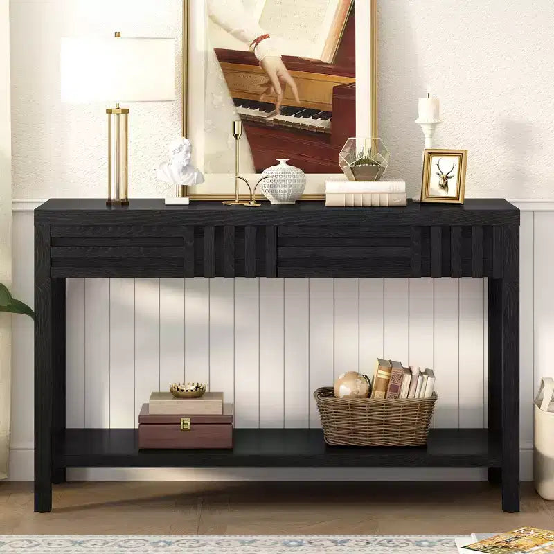 Modern Ash Veneer Console Table with 2 Drawers, Rustic Striped Entryway Table, Narrow Sofa Table - ModernLuxe