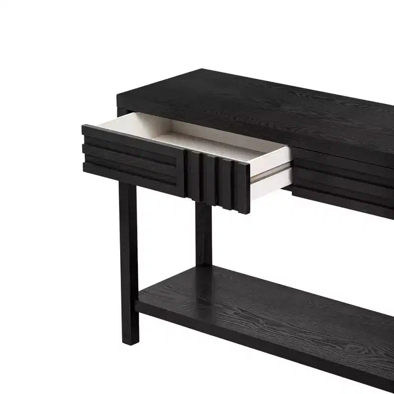 Console moderne en placage de frêne avec 2 tiroirs, table d'entrée rustique à rayures, table de canapé étroite