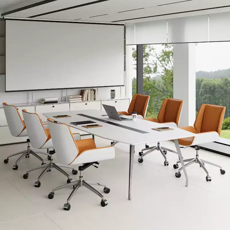 Fauteuil de bureau pivotant moderne du milieu du siècle avec dossier en bois courbé de noyer et siège en similicuir Hauteur réglable et base roulante