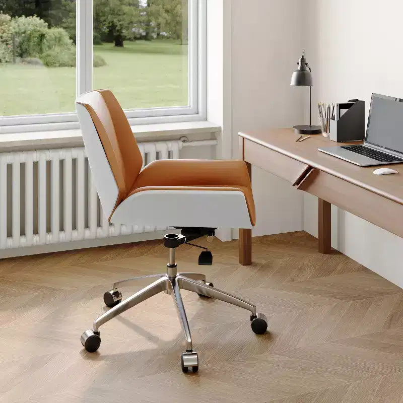 Fauteuil de bureau pivotant moderne du milieu du siècle avec dossier en bois courbé de noyer et siège en similicuir Hauteur réglable et base roulante
