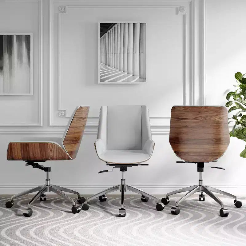 Fauteuil de bureau pivotant moderne du milieu du siècle avec dossier en bois courbé de noyer et siège en similicuir Hauteur réglable et base roulante