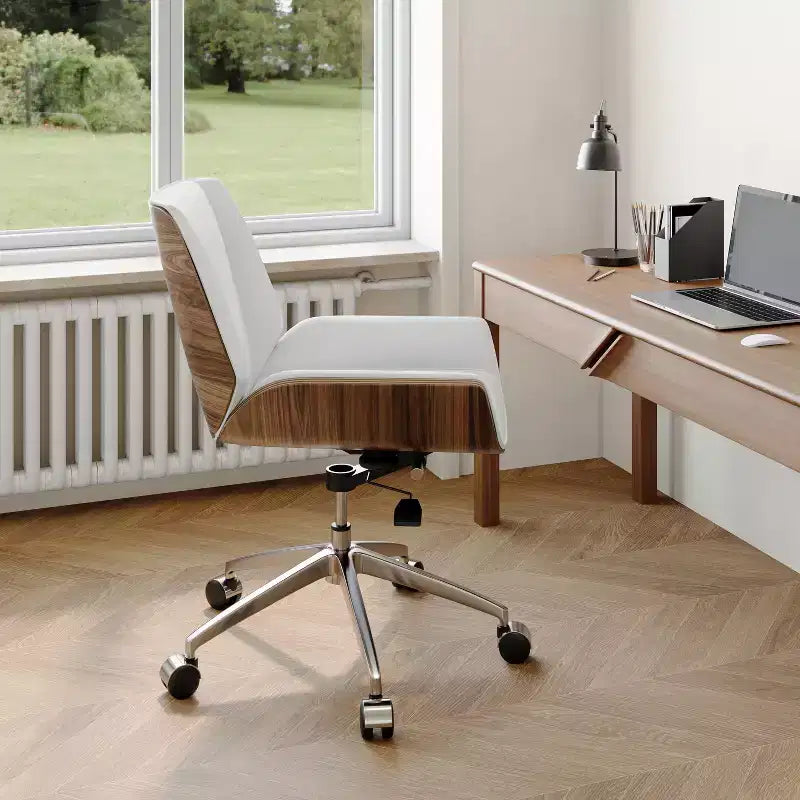 Fauteuil de bureau pivotant moderne du milieu du siècle avec dossier en bois courbé de noyer et siège en similicuir Hauteur réglable et base roulante