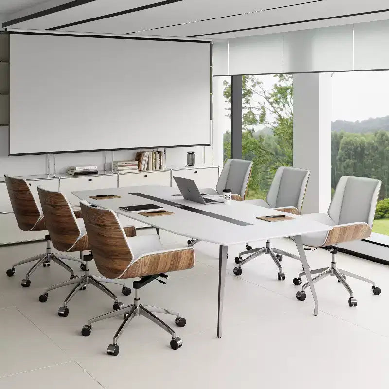 Fauteuil de bureau pivotant moderne du milieu du siècle avec dossier en bois courbé de noyer et siège en similicuir Hauteur réglable et base roulante
