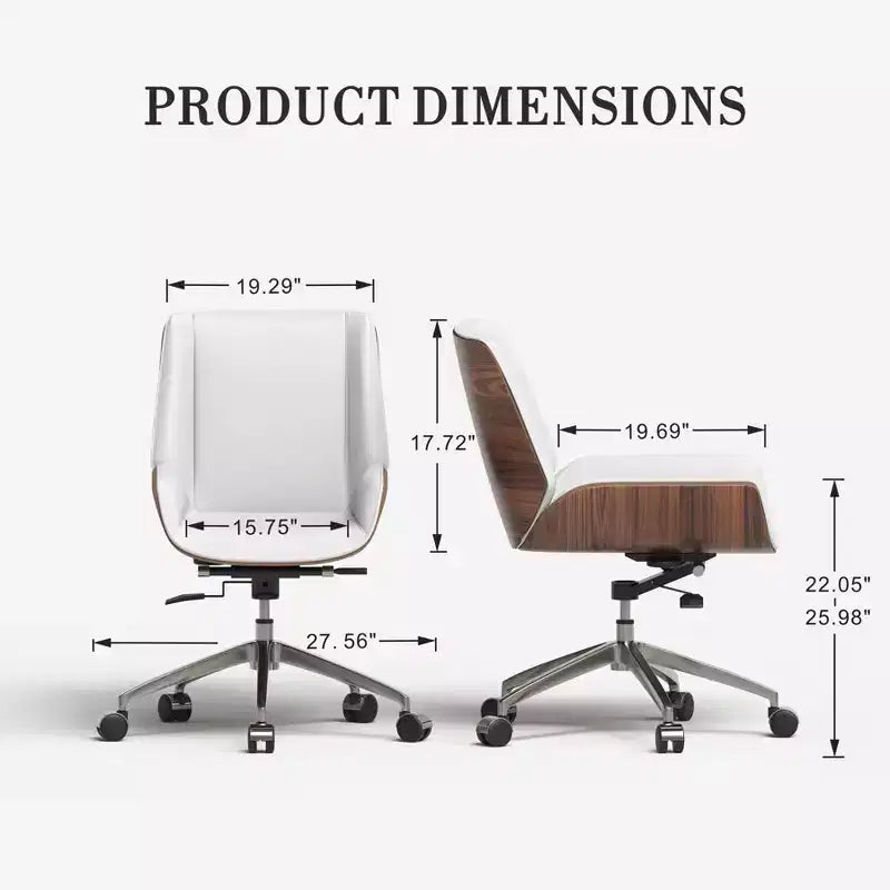 Fauteuil de bureau pivotant moderne du milieu du siècle avec dossier en bois courbé de noyer et siège en similicuir Hauteur réglable et base roulante