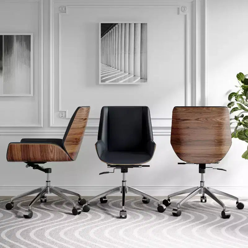 Fauteuil de bureau pivotant moderne du milieu du siècle avec dossier en bois courbé de noyer et siège en similicuir Hauteur réglable et base roulante
