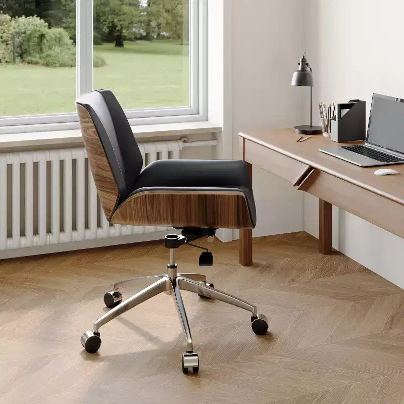 Fauteuil de bureau pivotant moderne du milieu du siècle avec dossier en bois courbé de noyer et siège en similicuir Hauteur réglable et base roulante