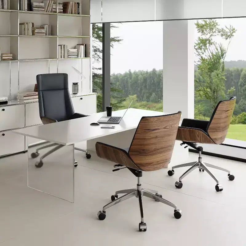 Fauteuil de bureau pivotant moderne du milieu du siècle avec dossier en bois courbé de noyer et siège en similicuir Hauteur réglable et base roulante