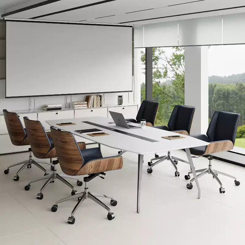 Fauteuil de bureau pivotant moderne du milieu du siècle avec dossier en bois courbé de noyer et siège en similicuir Hauteur réglable et base roulante