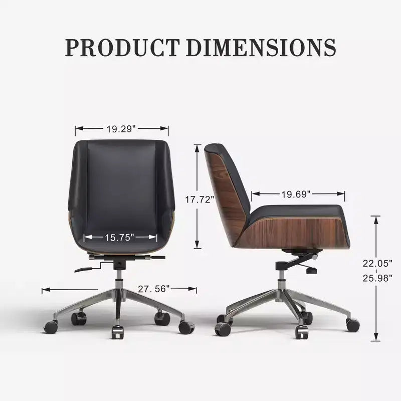 Fauteuil de bureau pivotant moderne du milieu du siècle avec dossier en bois courbé de noyer et siège en similicuir Hauteur réglable et base roulante