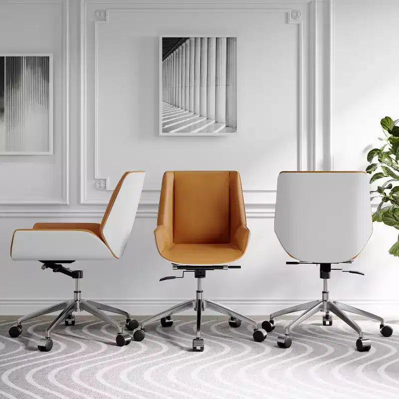 Fauteuil de bureau pivotant moderne du milieu du siècle avec dossier en bois courbé de noyer et siège en similicuir Hauteur réglable et base roulante