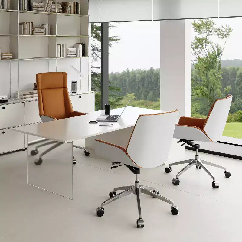 Fauteuil de bureau pivotant moderne du milieu du siècle avec dossier en bois courbé de noyer et siège en similicuir Hauteur réglable et base roulante
