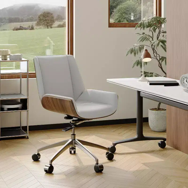 Fauteuil de bureau pivotant moderne du milieu du siècle avec dossier en bois courbé de noyer et siège en similicuir Hauteur réglable et base roulante