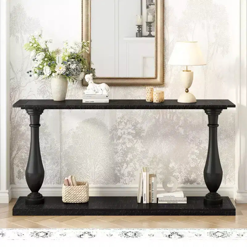 Console vintage, Table d'entrée de canapé en placage de pin avec un élégant design de pieds en vase