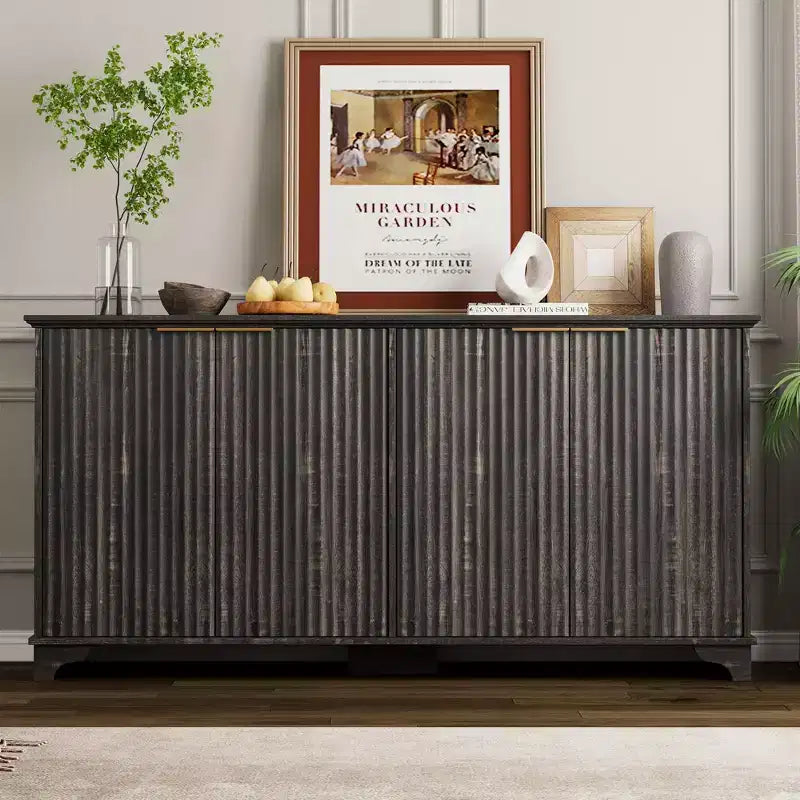 Whizmax Fluted Buffet Sideboard Cabinet with 4 Doors and Storage, Storage Cabinet with Adjustable Shelves, Coffee Bar Cabinet for Kitchen, Living Room