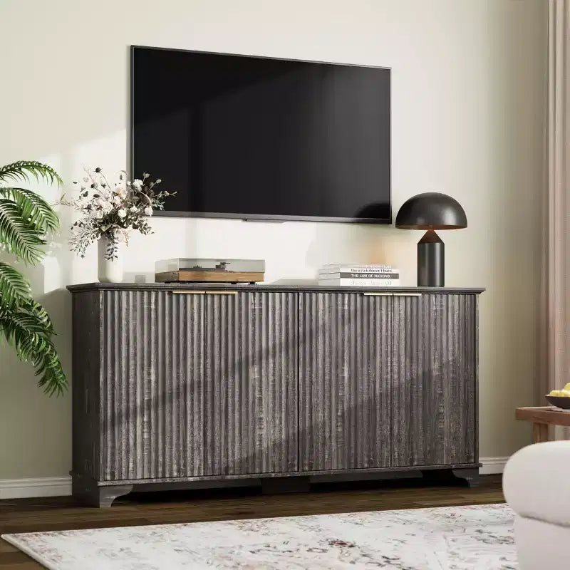 Buffet Enfilade Cannelee avec 4 Portes et Rangement, Meuble de Rangement avec Étagères Réglables, Meuble Bar à Café pour Cuisine, Salon