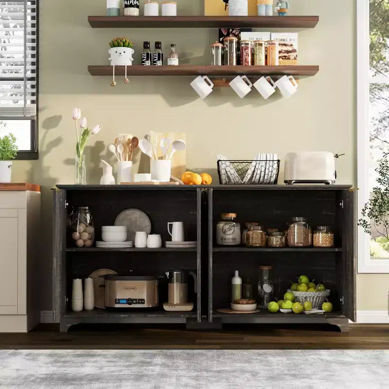Buffet Enfilade Cannelee avec 4 Portes et Rangement, Meuble de Rangement avec Étagères Réglables, Meuble Bar à Café pour Cuisine, Salon
