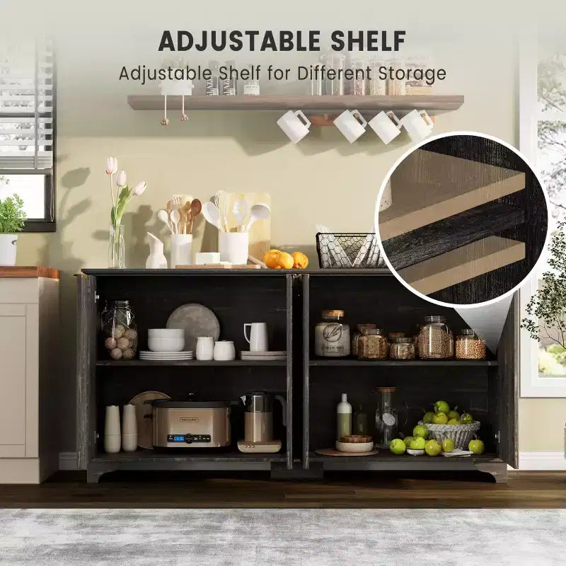 Buffet Enfilade Cannelee avec 4 Portes et Rangement, Meuble de Rangement avec Étagères Réglables, Meuble Bar à Café pour Cuisine, Salon