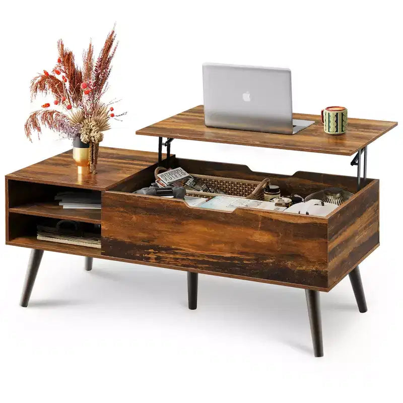Coffee Table, Lift Top Coffee Tables with Adjustable Storage Shelf and Hidden Compartment, Lift Tabletop Dining Table for Living Room, Rustic Oak